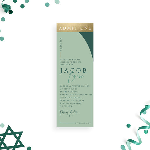 Green Bar Mitzvah ticket invitation with modern arch design and admit one header, personalized Jewish celebration invite