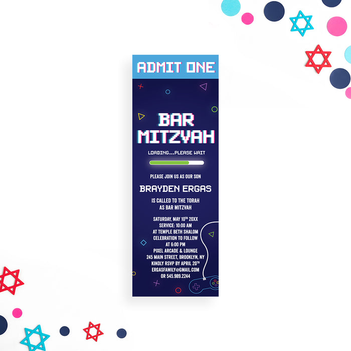 Gamer bar mitzvah ticket invitation with pixel-style lettering, loading bar graphic, and video game controller on a dark blue background.
