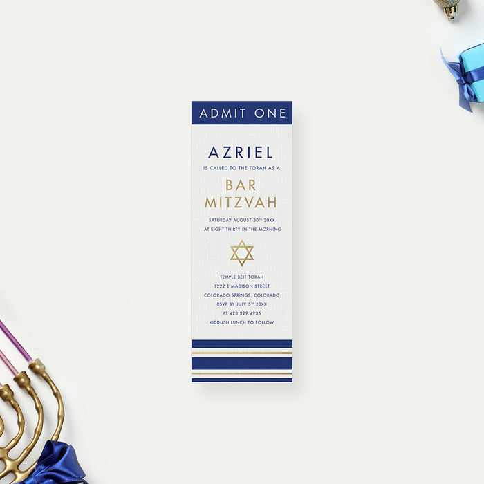 Elegant Bar Mitzvah Invitation Card with Tallit Prayer Shawl Design, Star of David Invitations for Jewish Celebration