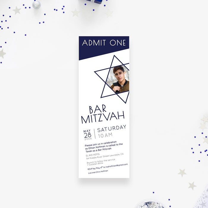 Bar Mitzvah Ticket Invitation with Picture, Modern Ticket Card for B'nai Mitzvah with Star of David Illustration, Photo Ticket Invites for Jewish Celebration