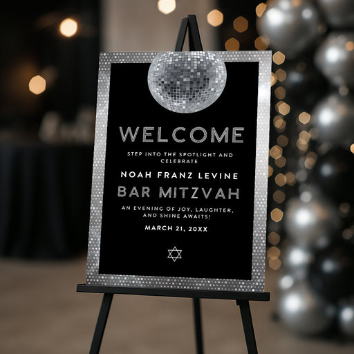 disco bar mitzvah welcome sign with star of david and mirror ball design displayed on easel for event entrance decor