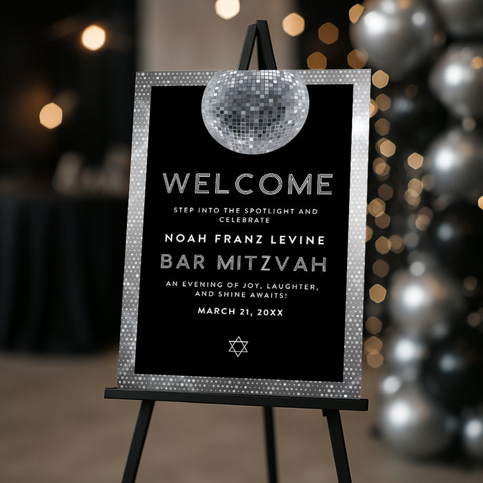 disco bar mitzvah welcome sign with star of david and mirror ball design displayed on easel for event entrance decor
