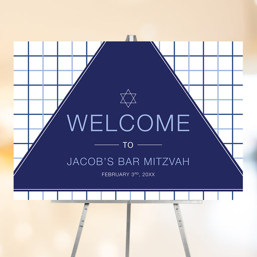 modern navy Bar Mitzvah welcome sign with geometric triangle and grid pattern design