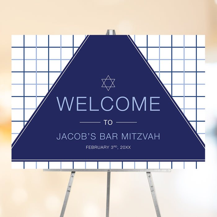 modern navy Bar Mitzvah welcome sign with geometric triangle and grid pattern design