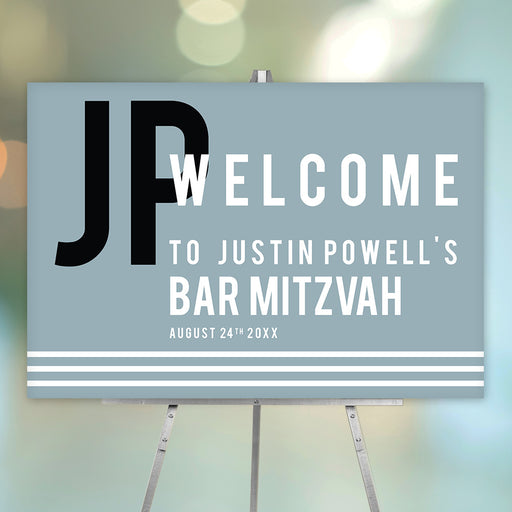 Modern pastel blue Bar Mitzvah welcome sign with customizable name and date.