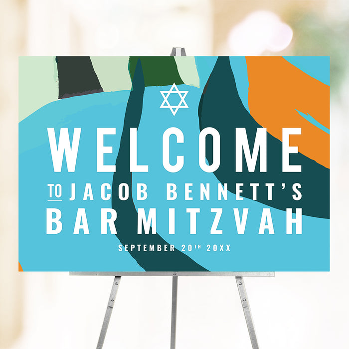 Personalized Bar Mitzvah welcome sign with abstract art in blue, green, and orange, featuring a Star of David, perfect for synagogue entrance or reception display.