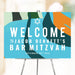 Personalized Bar Mitzvah welcome sign with abstract art in blue, green, and orange, featuring a Star of David, perfect for synagogue entrance or reception display.