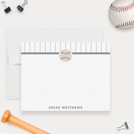 Personalized baseball thank you cards for boys with pinstripe design