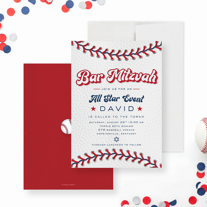Baseball-themed Bar Mitzvah invitation featuring red stitching and a Star of David for a Jewish coming-of-age or sports celebration.-front-back