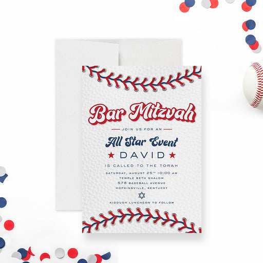 Baseball-themed Bar Mitzvah invitation featuring red stitching and a Star of David for a Jewish coming-of-age or sports celebration.-front