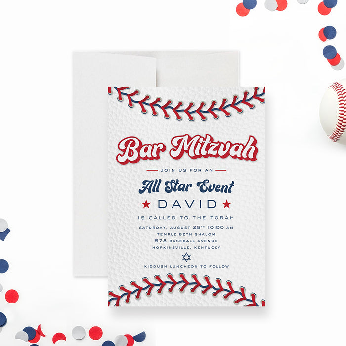 Baseball-themed Bar Mitzvah invitation featuring red stitching and a Star of David for a Jewish coming-of-age or sports celebration.-front