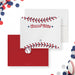 Baseball-themed Bar Mitzvah note card with red and navy stitching and Star of David, Jewish sports stationery.-front-back