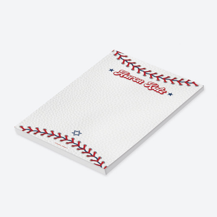 Baseball-themed Bar Mitzvah notepad featuring red stitching and a Star of David, personalized Jewish stationery or sports party favor.-side