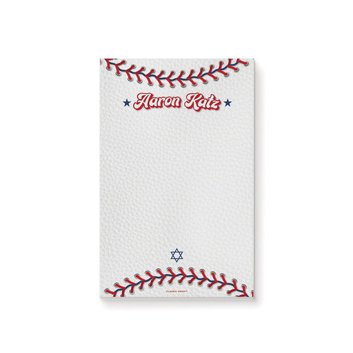 Baseball-themed Bar Mitzvah notepad featuring red stitching and a Star of David, personalized Jewish stationery or sports party favor.