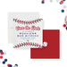 Baseball-themed Bar Mitzvah save the date card with red and blue stitching and Star of David, sporty Jewish celebration invitation.-front-back