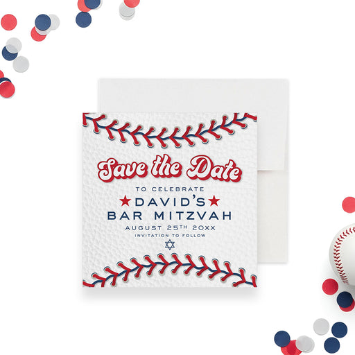 Baseball-themed Bar Mitzvah save the date card with red and blue stitching and Star of David, sporty Jewish celebration invitation.-front
