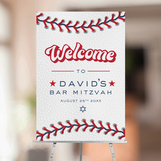 Baseball Bar Mitzvah welcome sign with red stitching and Star of David, personalized Jewish sports-themed event poster.