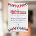 Baseball Bar Mitzvah welcome sign with red stitching and Star of David, personalized Jewish sports-themed event poster.