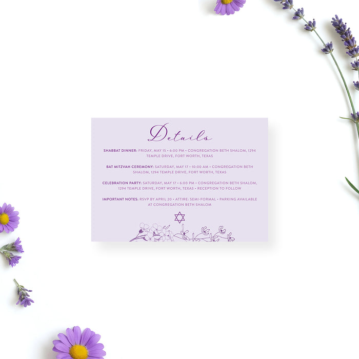 Lavender Bat Mitzvah Invitation Floral Design Star of David