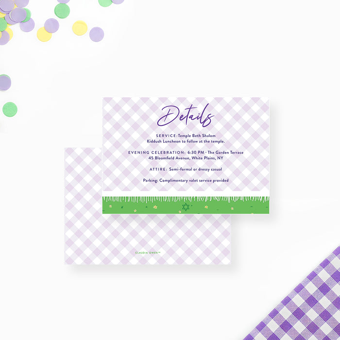 Bat Mitzvah Invitation Purple Gingham Plaid Garden Party Invite
