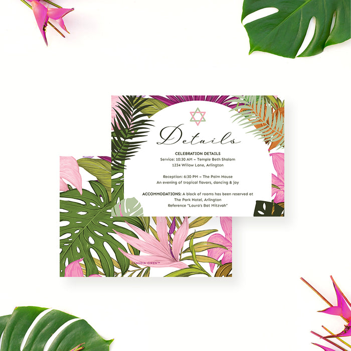 Details card with tropical leaf design on a white background