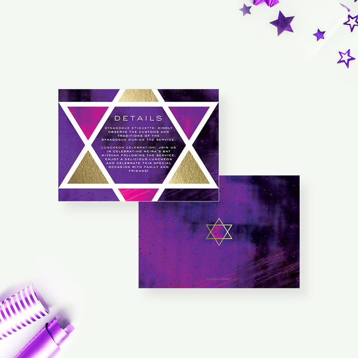 Unique Bat Mitzvah Invitation Card with Star of David, Girls Jewish Birthday Invites in Gold and Purple