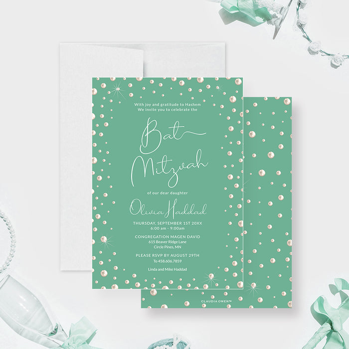 Elegant green digital Bat Mitzvah invitation with pearl accents and modern script typography
