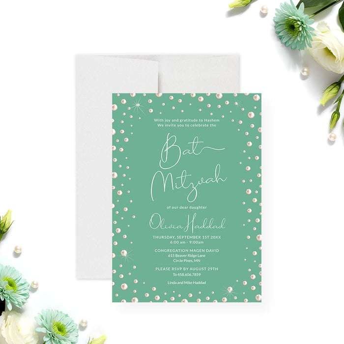Elegant green digital Bat Mitzvah invitation with pearl accents and modern script typography