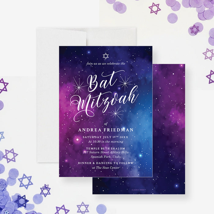 Galaxy Bat Mitzvah invitation with a starry night background and Star of David — personalized for Jewish celebrations.-front-back