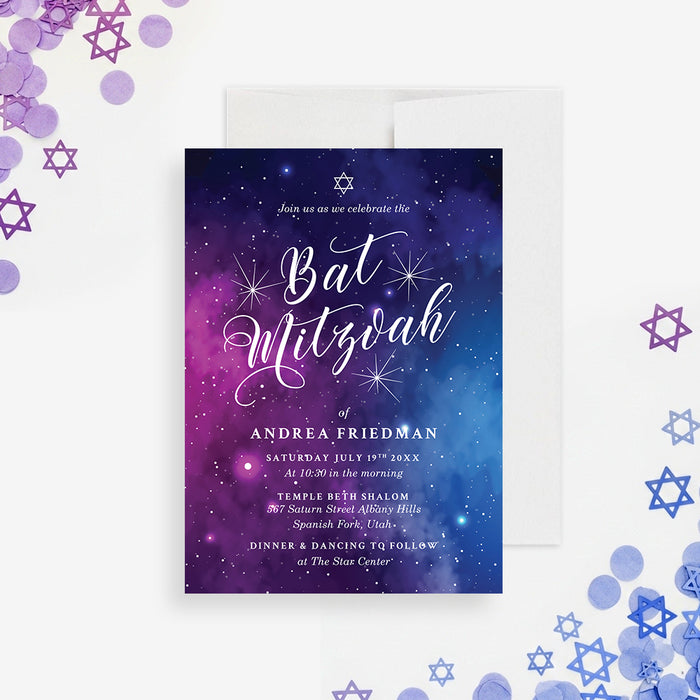 Galaxy Bat Mitzvah invitation with a starry night background and Star of David — personalized for Jewish celebrations.-front