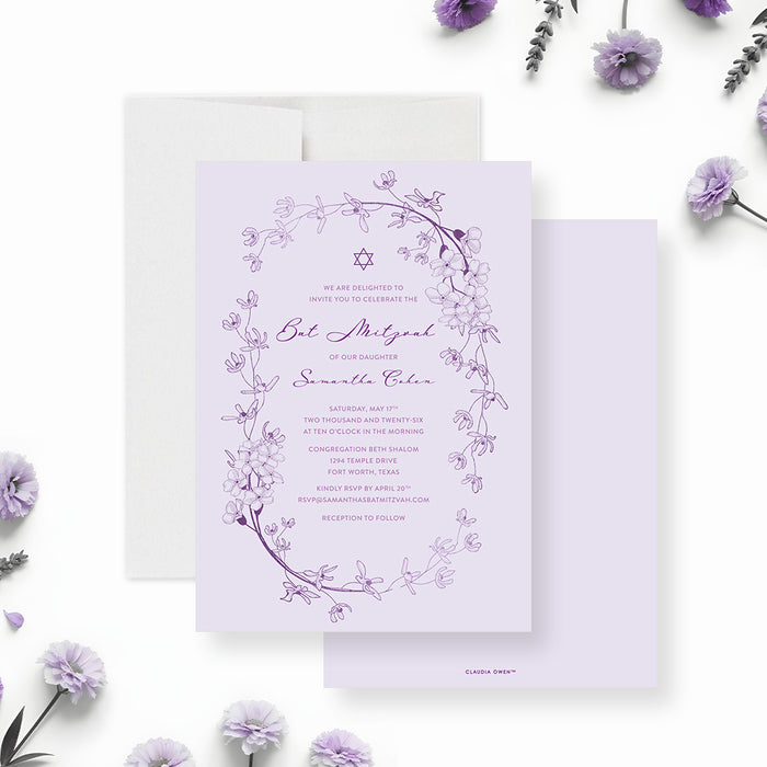 Lavender Bat Mitzvah invitation with floral border and Star of David elegant Jewish celebration card-front-back