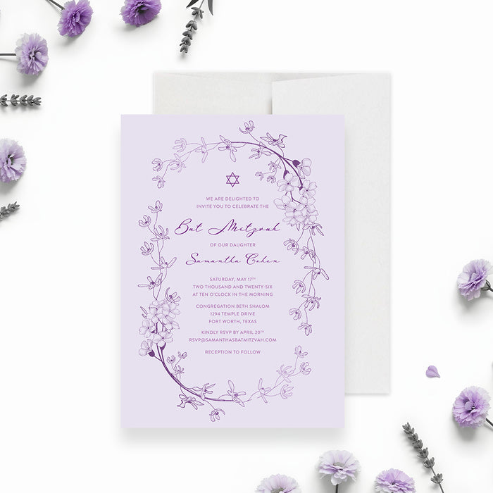 Lavender Bat Mitzvah invitation with floral border and Star of David elegant Jewish celebration card-front
