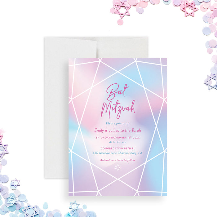Pastel Bat Mitzvah invitation featuring a Star of David and geometric design, personalized Jewish celebration card.-front