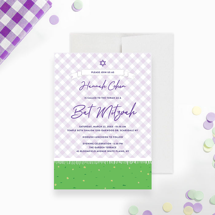 Personalized bat mitzvah invitation with purple design and Star of David for spring garden themed Jewish celebration-front