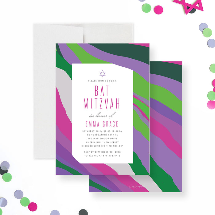 Bat mitzvah invitation with purple watercolor design, elegant Jewish celebration card with soft abstract border and refined lettering-front-back
