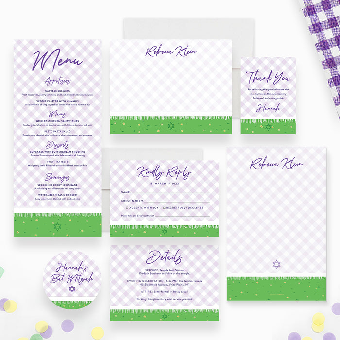 Bat Mitzvah Invitation Purple Gingham Plaid Garden Party Invite