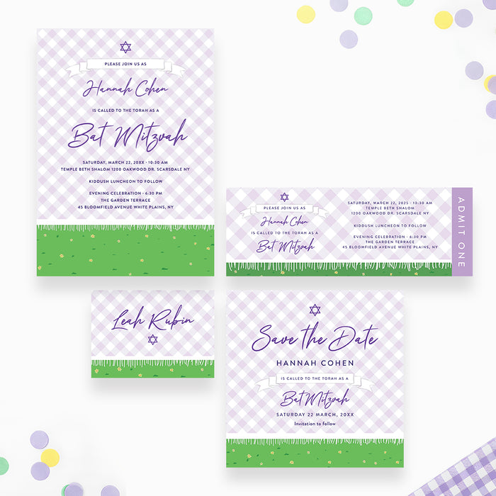 Bat Mitzvah Invitation Purple Gingham Plaid Garden Party Invite