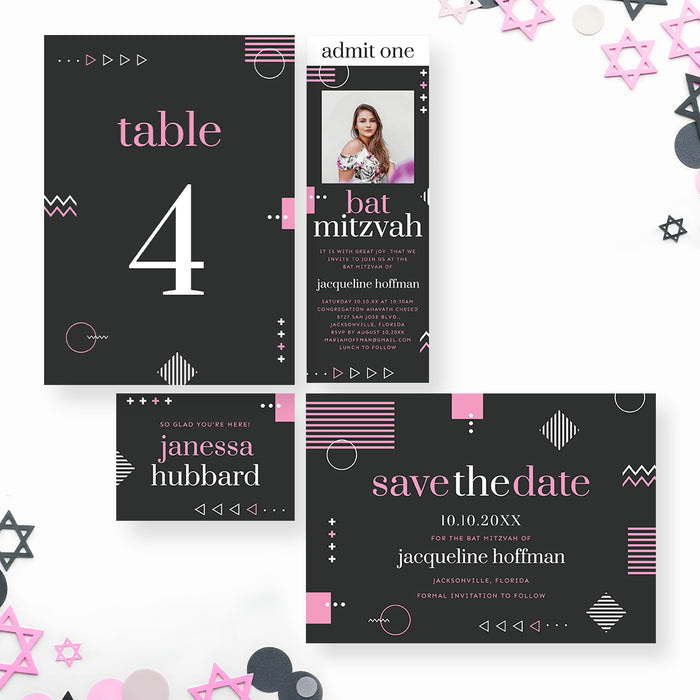 Modern Bat Mitzvah Photo Invitation Geometric Design