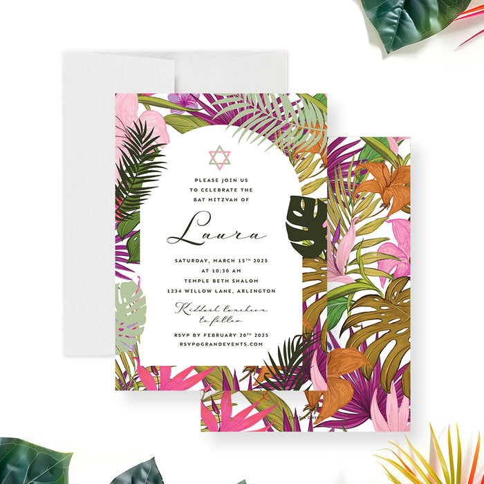 Tropical Bat Mitzvah invitation featuring colorful palm leaves, Star of David, and customizable event details.-front-back