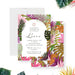 Tropical Bat Mitzvah invitation featuring colorful palm leaves, Star of David, and customizable event details.-front-back