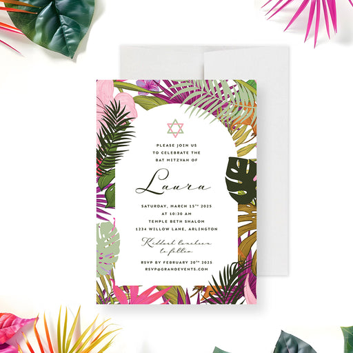 Tropical Bat Mitzvah invitation featuring colorful palm leaves, Star of David, and customizable event details.-front