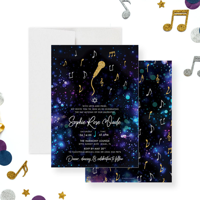Bat Mitzvah invitation showcasing a gold microphone with musical notes and a Star of David, ideal for Jewish celebrations or music-themed parties.-front-back