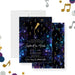 Bat Mitzvah invitation showcasing a gold microphone with musical notes and a Star of David, ideal for Jewish celebrations or music-themed parties.-front-back