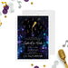 Bat Mitzvah invitation showcasing a gold microphone with musical notes and a Star of David, ideal for Jewish celebrations or music-themed parties.-front