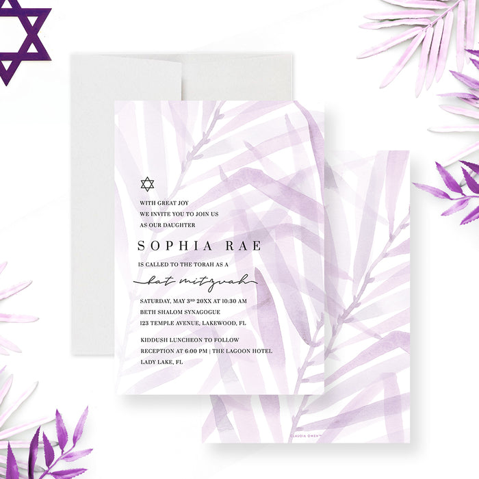 Lavender Bat Mitzvah invitation with soft watercolor foliage and Star of David for Jewish celebrations-front-back