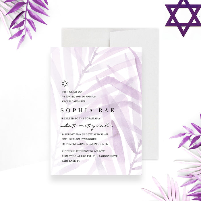 Lavender Bat Mitzvah invitation with soft watercolor foliage and Star of David for Jewish celebrations-front