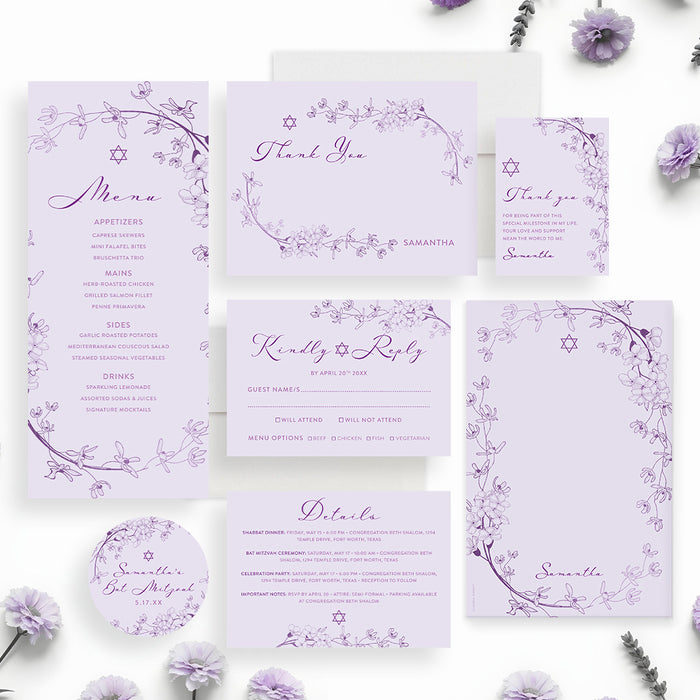 Lavender Bat Mitzvah Invitation Floral Design Star of David
