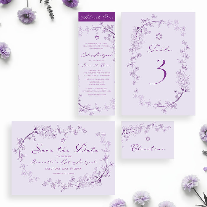 Lavender Bat Mitzvah Invitation Floral Design Star of David