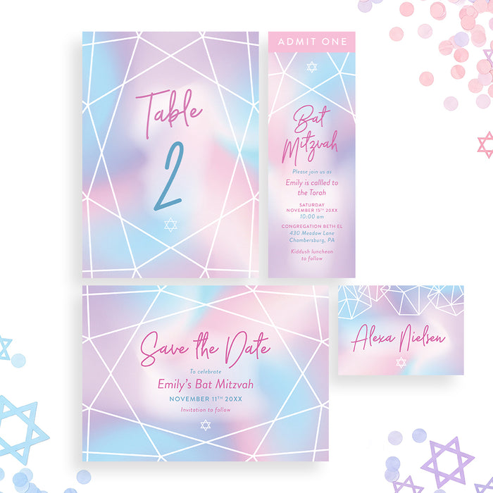 Pastel Bat Mitzvah Invitation Elegant Jewish Celebration Card