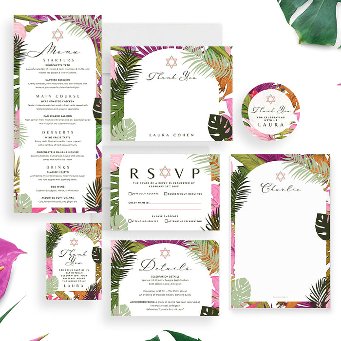 Set of Bat Mitzvah invitations with tropical leaf designs on a white background